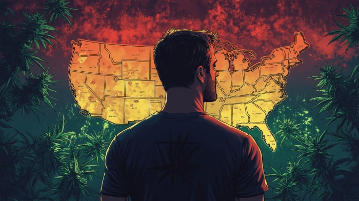 A man standing in front of a map of the united states