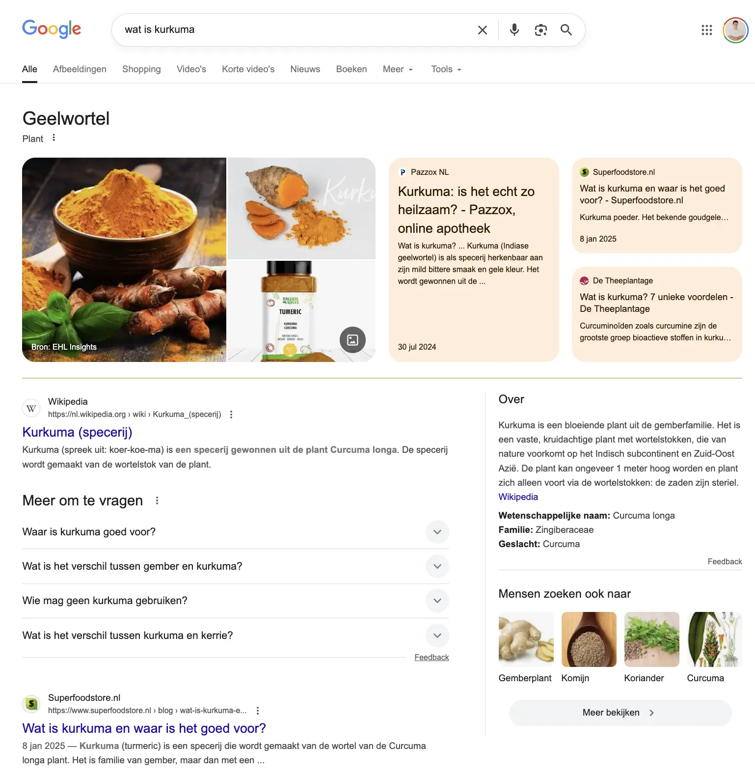 Een screenshot van een SERP voor de zoekopdracht - wat is kurkuma