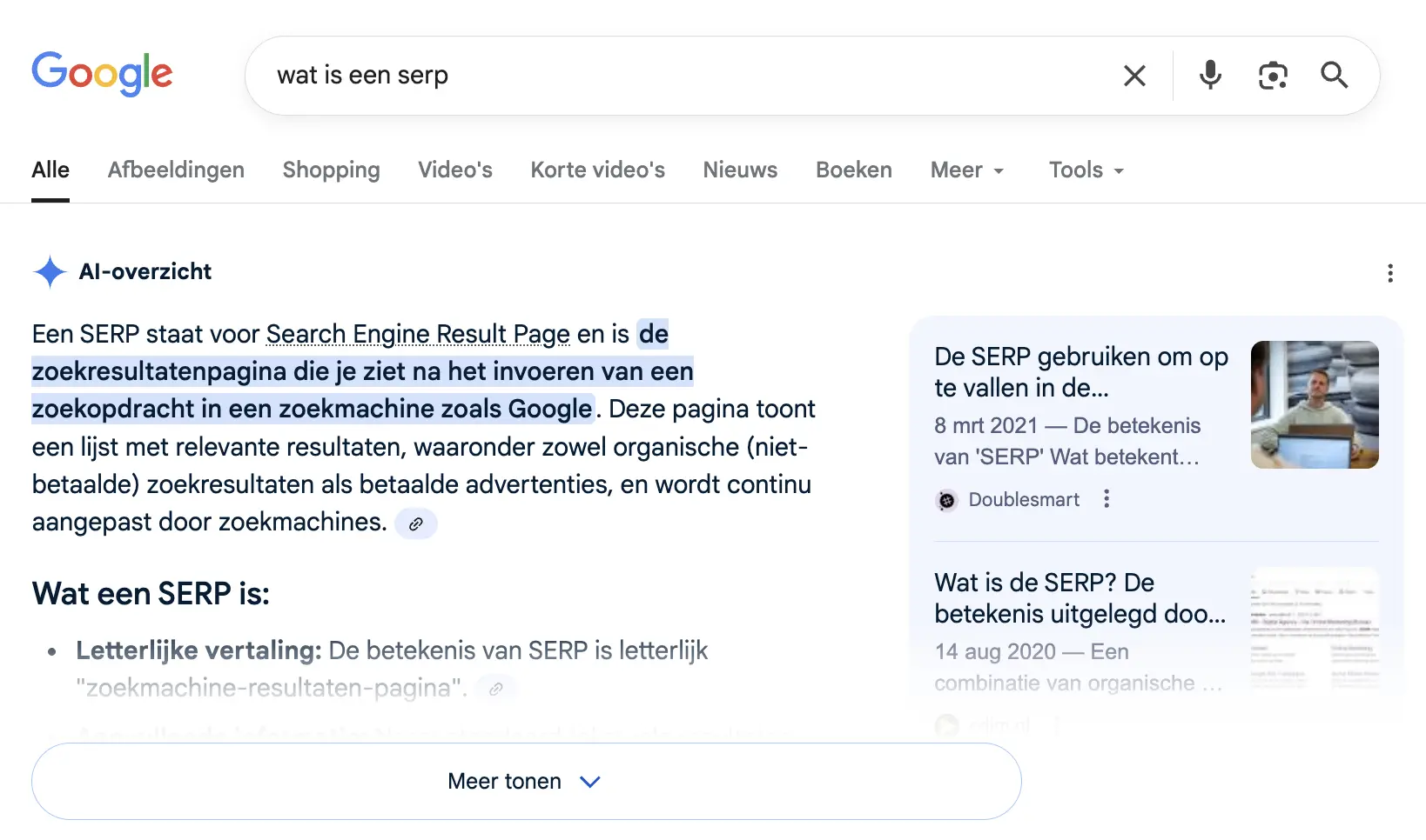 Screenshot van een AI overview in de serp
