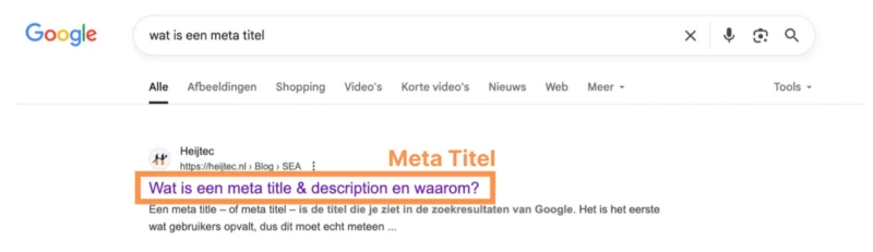screenshot van een meta titel in de Google SERP