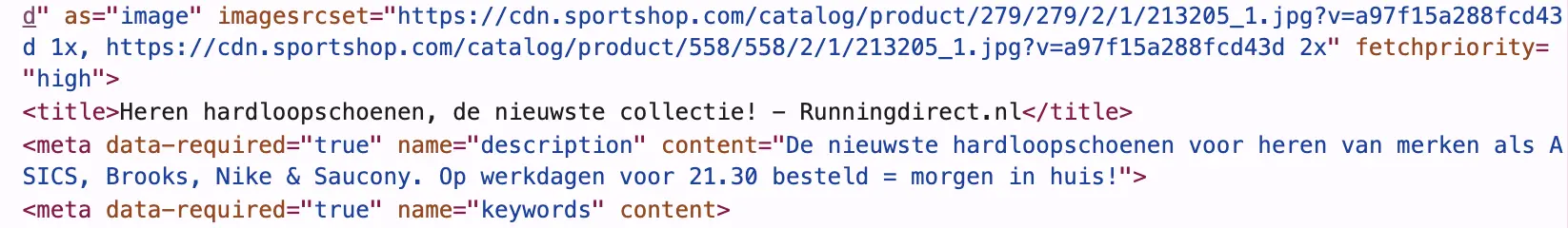Screenshot van een broncode die de meta beschrijving toont