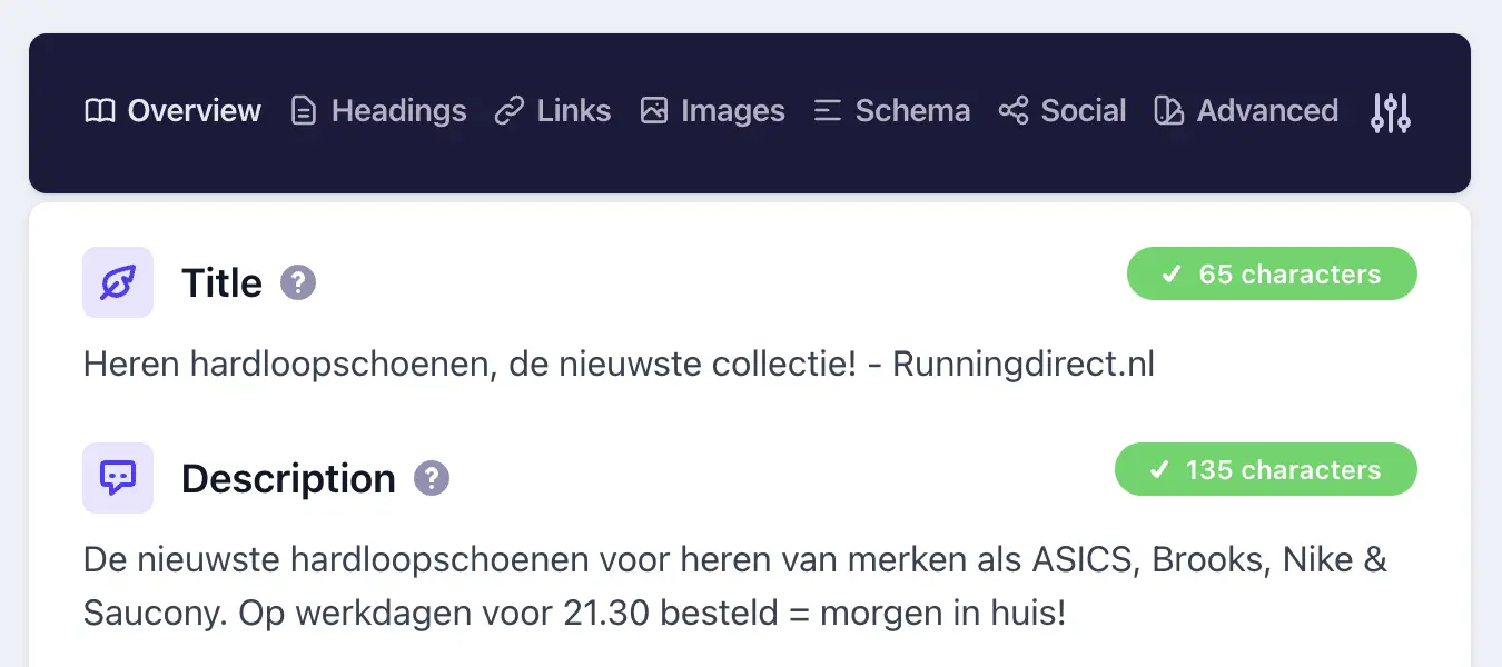 Screenshot van de detailed SEO chrome extension die de meta tags toont