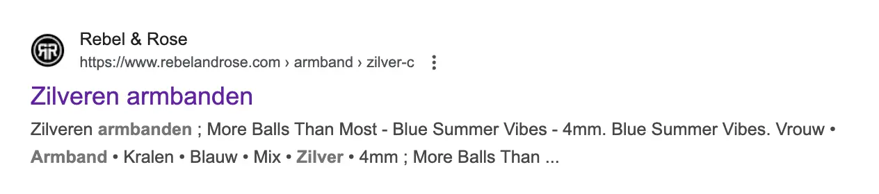 Screenshot van een slecht voorbeeld van een meta beschrijving in armbandenba