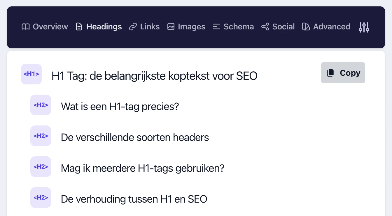 Screenshot van de headers in de detailed SEO extensie