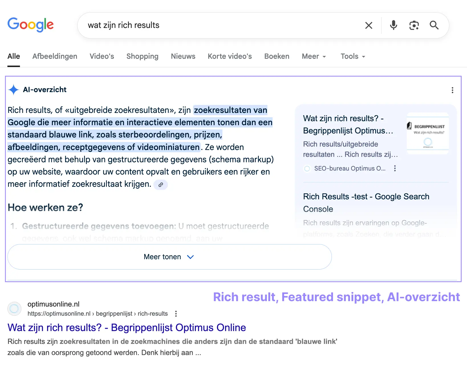 Screenshot van een featured snippet als gevolg van structured data
