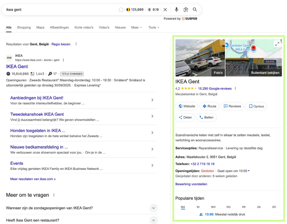 Screenshot van Ikea Gent Google Mijn bedrijfsprofiel