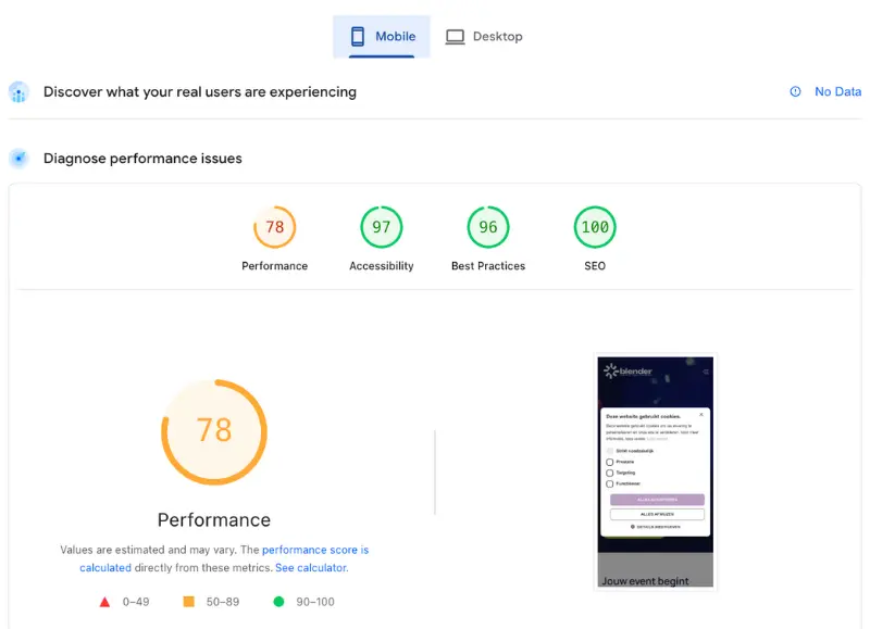 Voorbeeld van een PageSpeed Insights-analyse. Tools als deze geven inzicht in laadtijd en Core Web Vitals van zowel desktop als mobiel, cruciale technische SEO-factoren