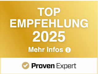 Goldenes Abzeichen mit Text "Top Empfehlung 2025" und Logo von Proven Expert.