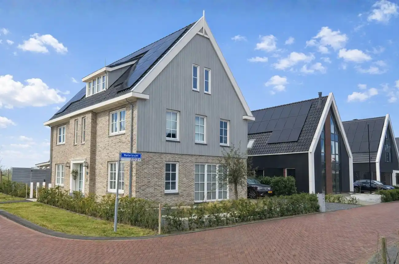 Straat met vrijstaande woningen. Woningen hebben houten gevelbekleding.
