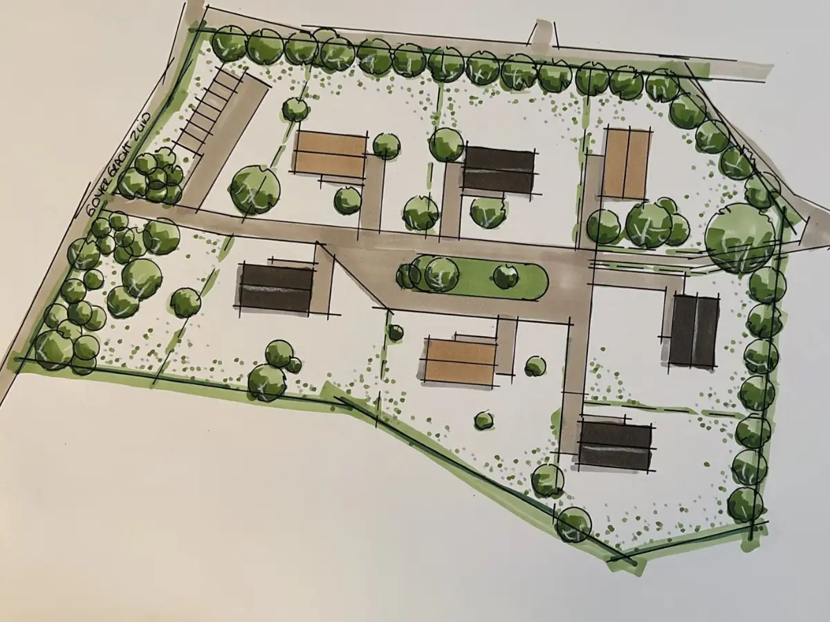 Foto van tekening met uitwering van een nieuwbouwproject