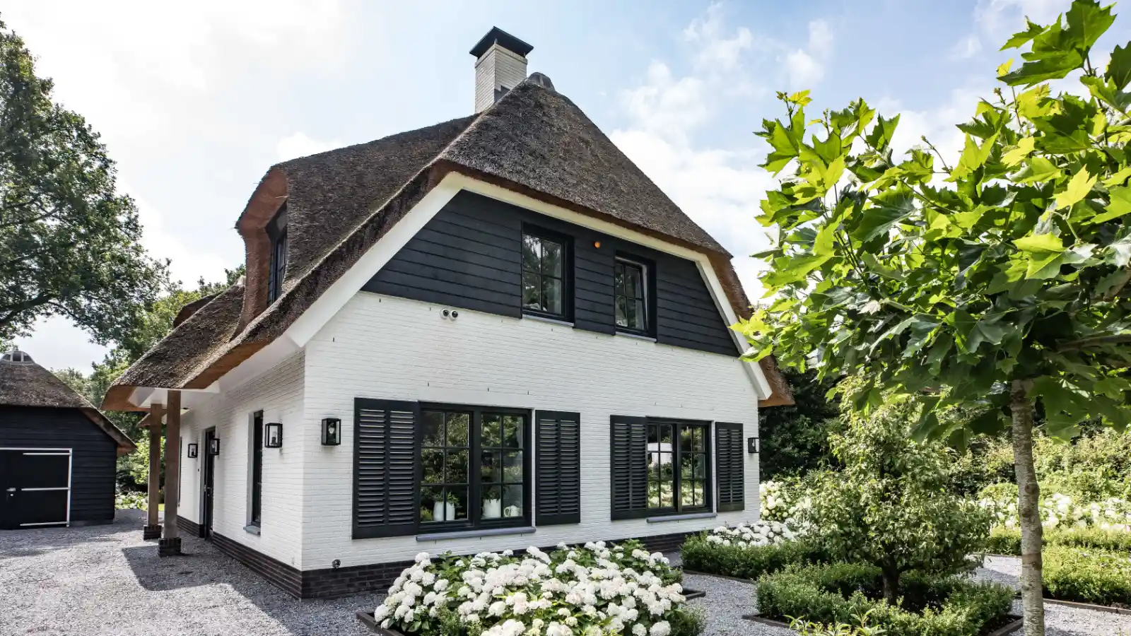 Landelijke moderne villa met houtengevelbekleding en rieten dak