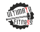 Logo s textem Ultimate Fitness černě a červeně na šedém pozadí.