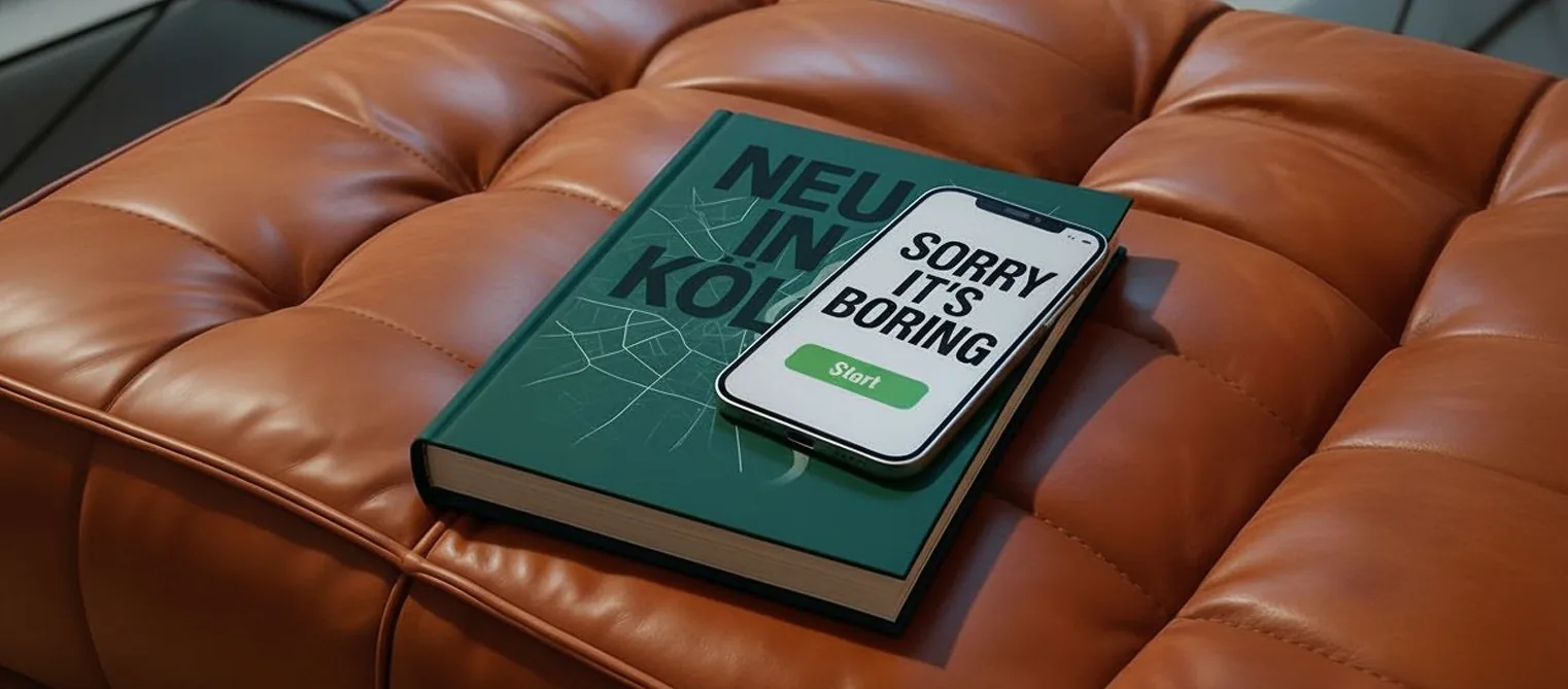 Eine gemütliches rotes Ledersofa auf der Ein Köln-Buch und ein Smartphone liegen.