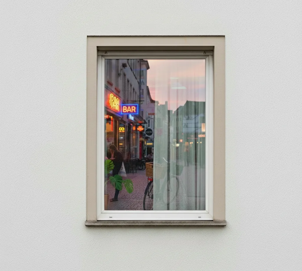 Reflexion in einer Fensterscheibe die eine gemütliche Straßenszene zeigt