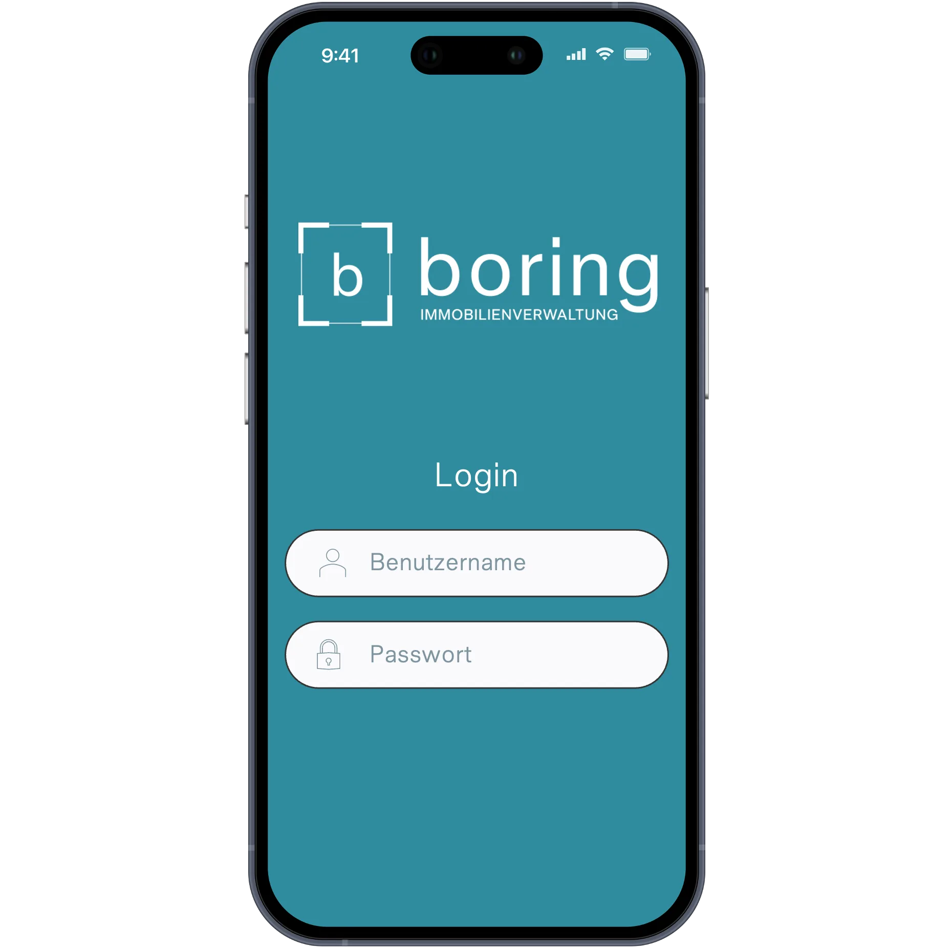 Ein iPhone mit Login-Bildschirm der boring Immobilienverwaltungs-App mit Feldern für Benutzername und Passwort.