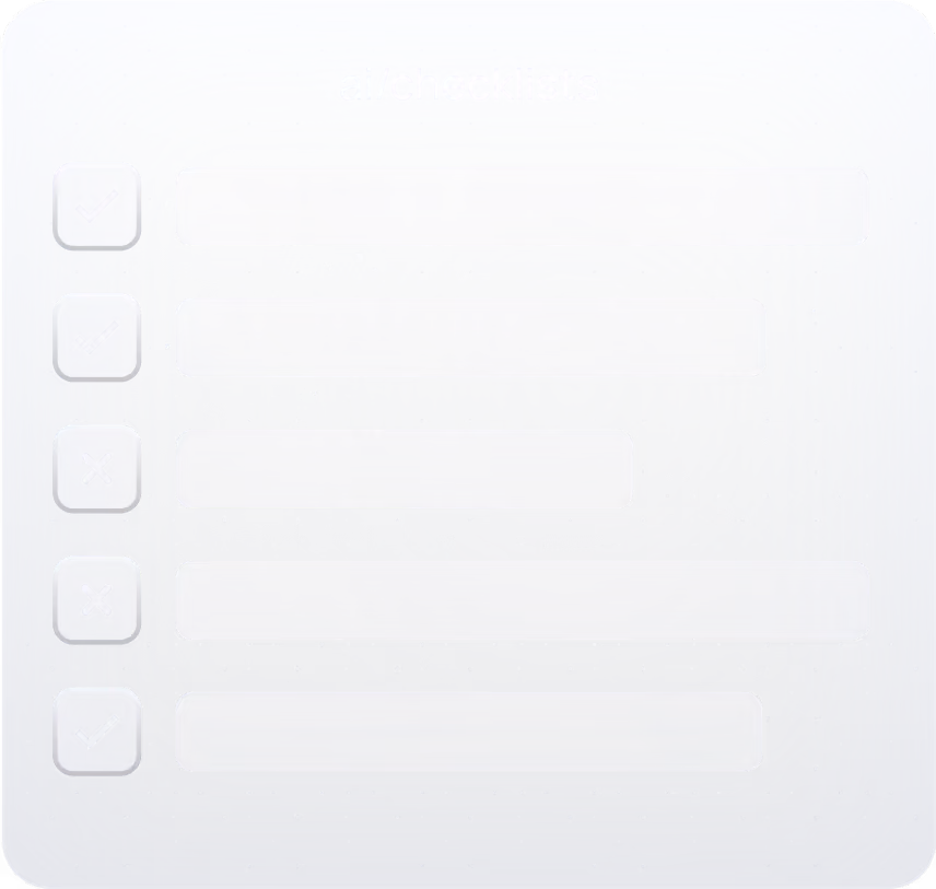 A digital checklist interface with a light gray background. It includes checkboxes, some checked and some unchecked, indicating task completion. The header reads 'AI/checklists'.