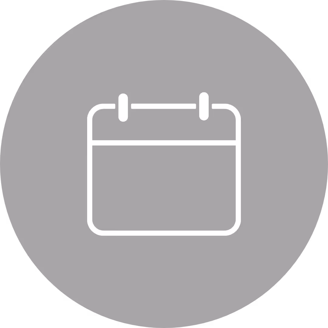 Icona di calendario bianco su sfondo grigio rotondo.