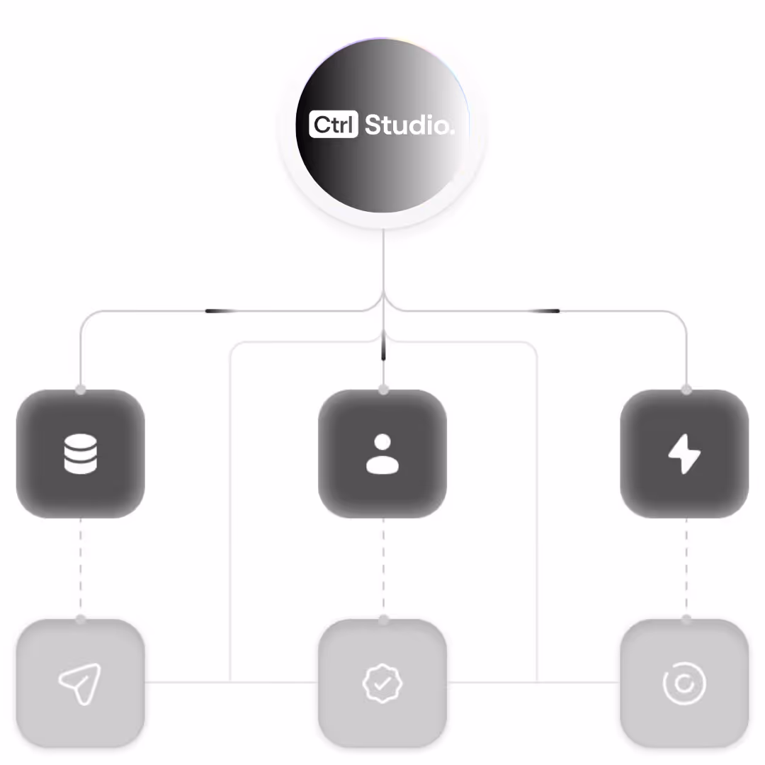 Diagramma gerarchico di Ctrl Studio che mostra tre categorie principali rappresentate da icone di database, persona e fulmine, collegate a tre altre icone sotto.
