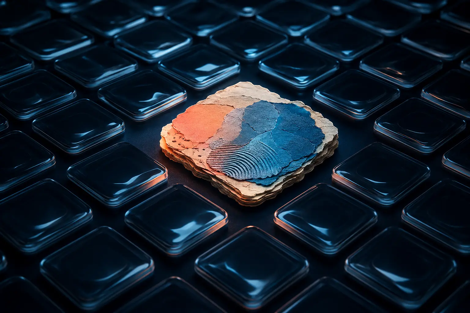 Elemento materico e irregolare che emerge da una griglia di forme digitali uniformi