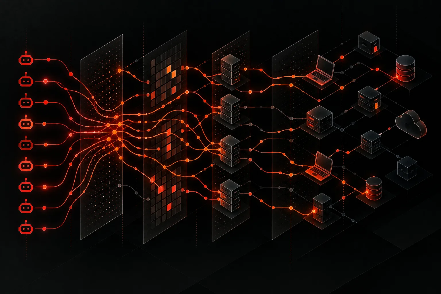 Schema di automazione degli attacchi: bot che scannerizzano vulnerabilità in parallelo su più siti