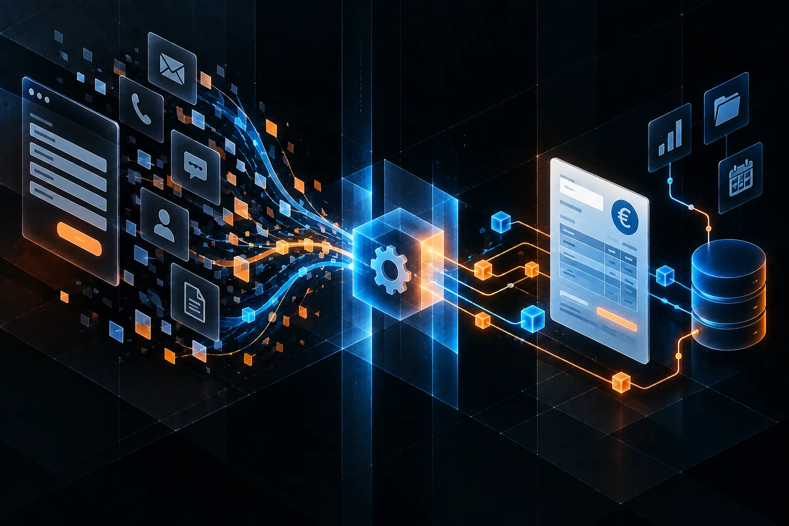 Illustrazione editoriale che mostra il flusso automatico di dati da un form a un preventivo, con nodi connessi e una trasformazione da caos a ordine