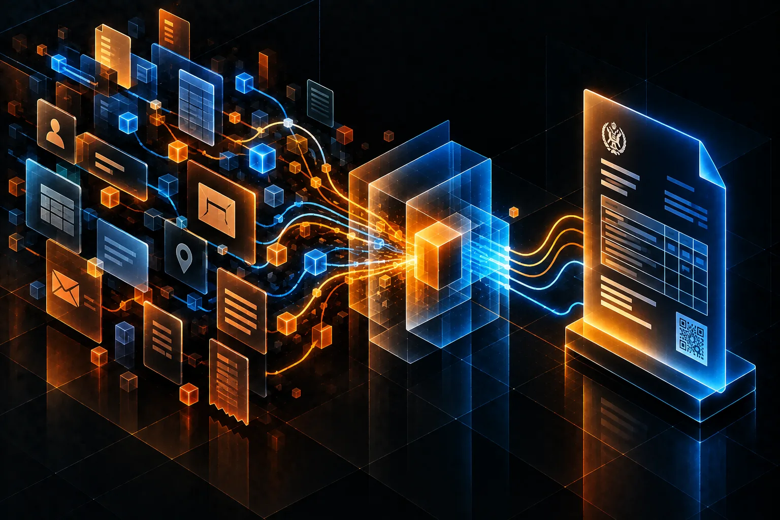 Illustrazione editoriale astratta che mostra blocchi di dati frammentati che si consolidano in un formato unificato di fatturazione elettronica 2026.