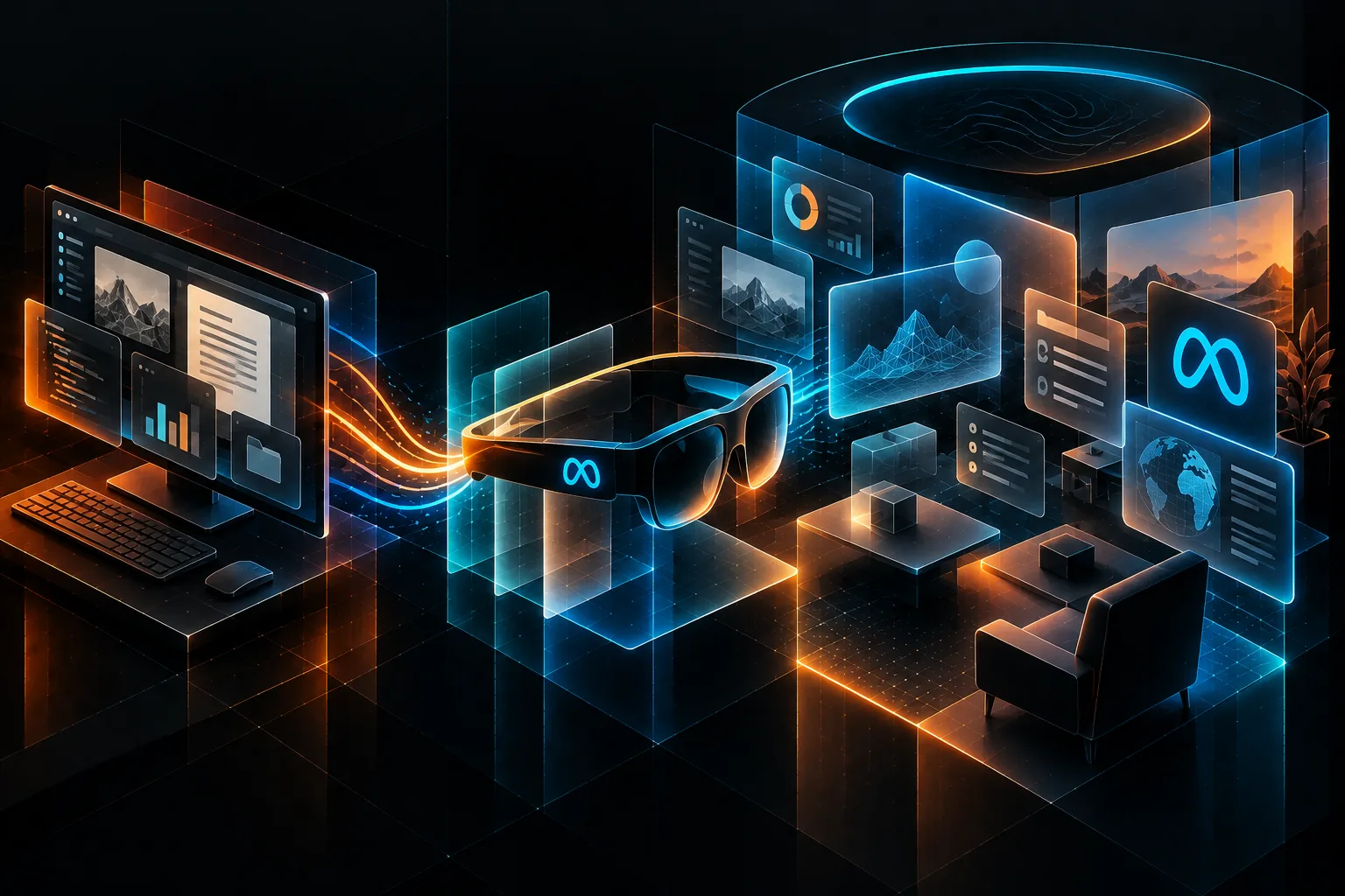 Rappresentazione astratta della trasformazione da monitor bidimensionale a workspace tridimensionale degli occhiali Meta VR