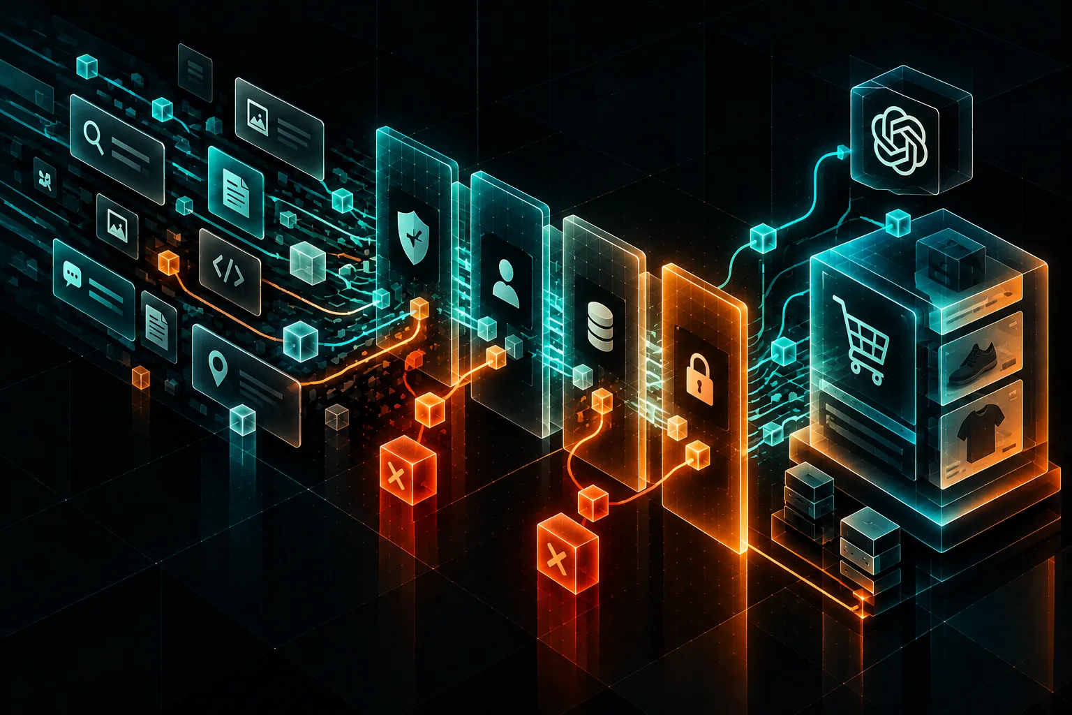 Illustrazione astratta di percorsi dati che passano attraverso cancelli digitali di controllo accessi per agenti AI su ecommerce