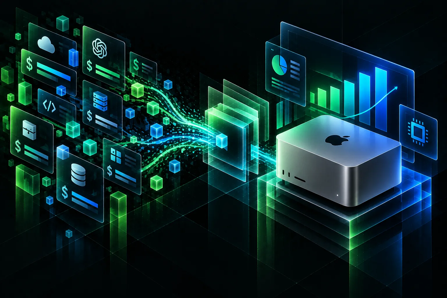 Grafico che mostra la conversione da costi API dispersi a investimento hardware centralizzato con Mac Studio