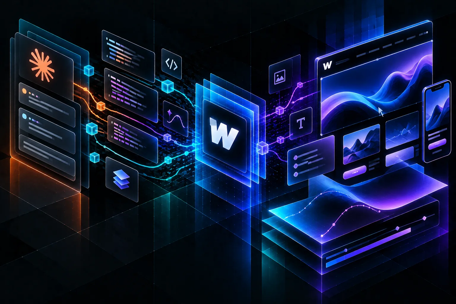 Illustrazione astratta di un agente AI che costruisce animazioni GSAP in Webflow con flussi di dati geometrici su sfondo scuro.