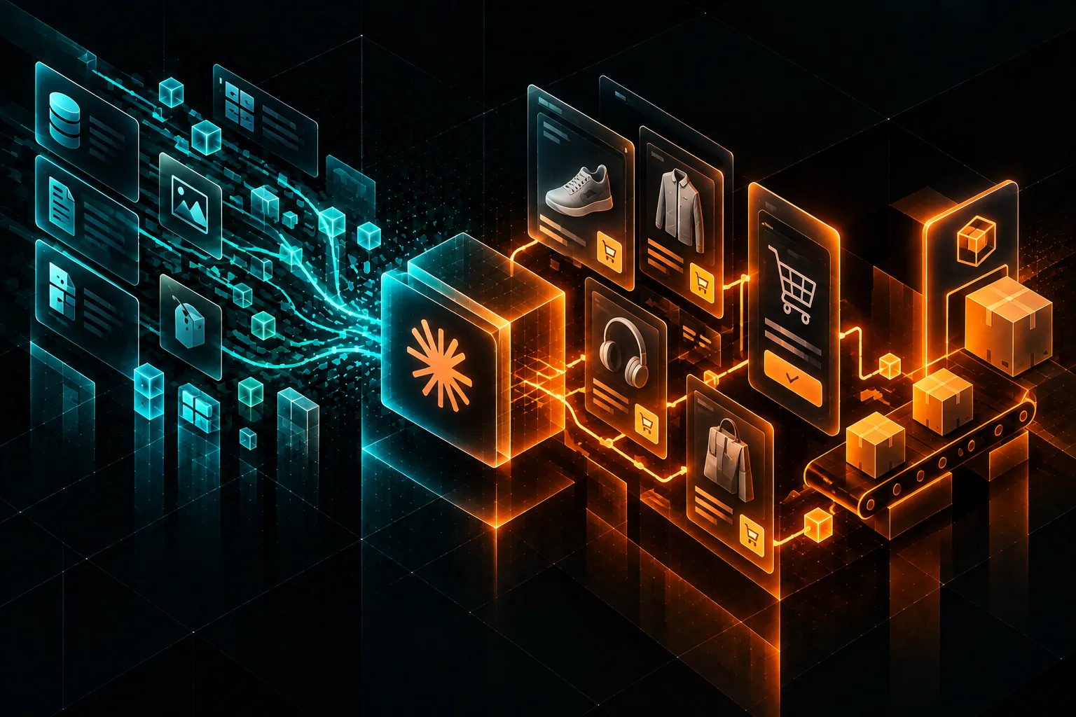 Illustrazione editoriale astratta su ecommerce e acquisti degli agenti AI, catalogo strutturato e transazioni automatizzate