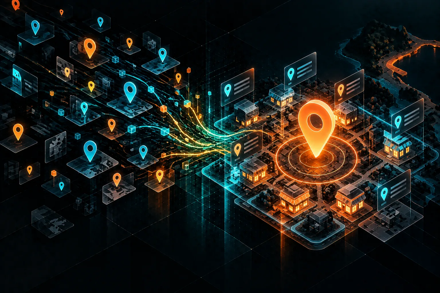 Illustrazione editoriale su SEO locale: marcatori geografici che si organizzano intorno a un pin centrale, simbolo di ricerche locali e visibilità territoriale su Google Maps.