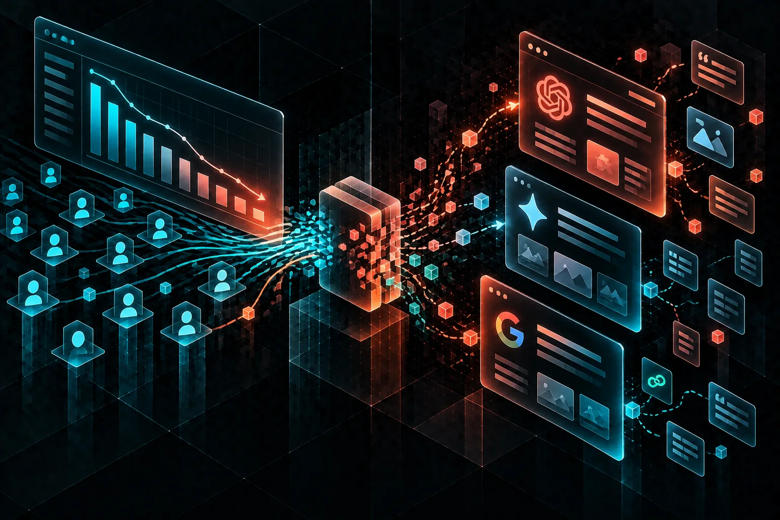 Grafico che mostra il calo del traffico organico e la dispersione verso l'IA, con nodi e connessioni in evoluzione