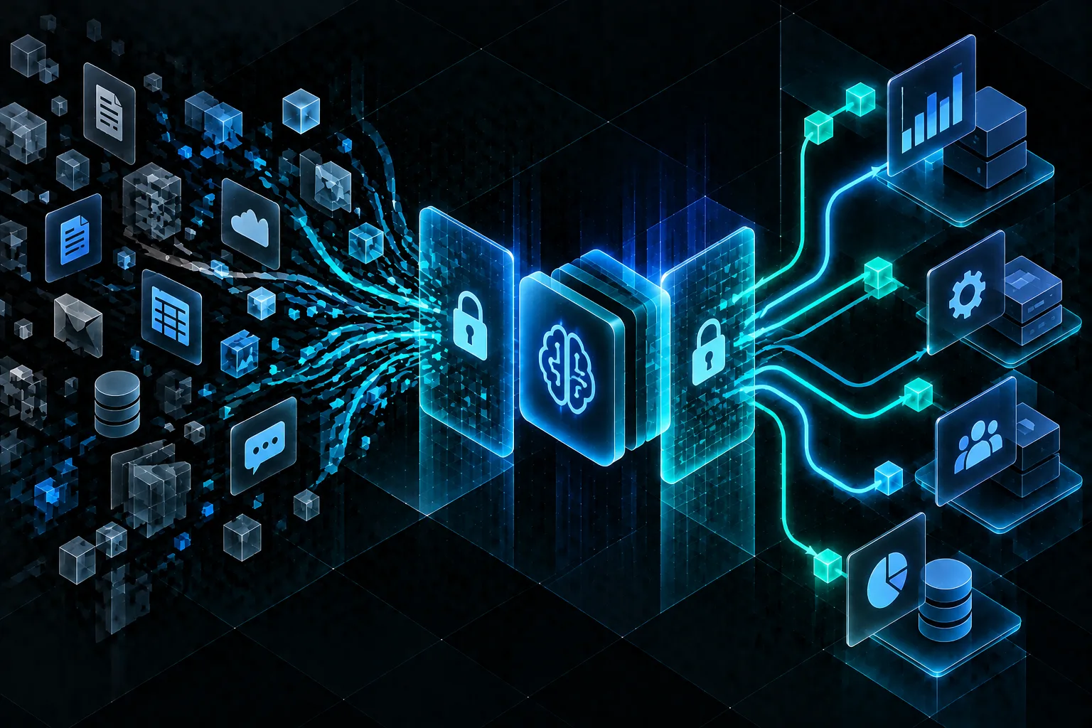 Illustrazione editoriale astratta di data flows che si trasformano in architetture controllate tramite MCP nel gestionale aziendale