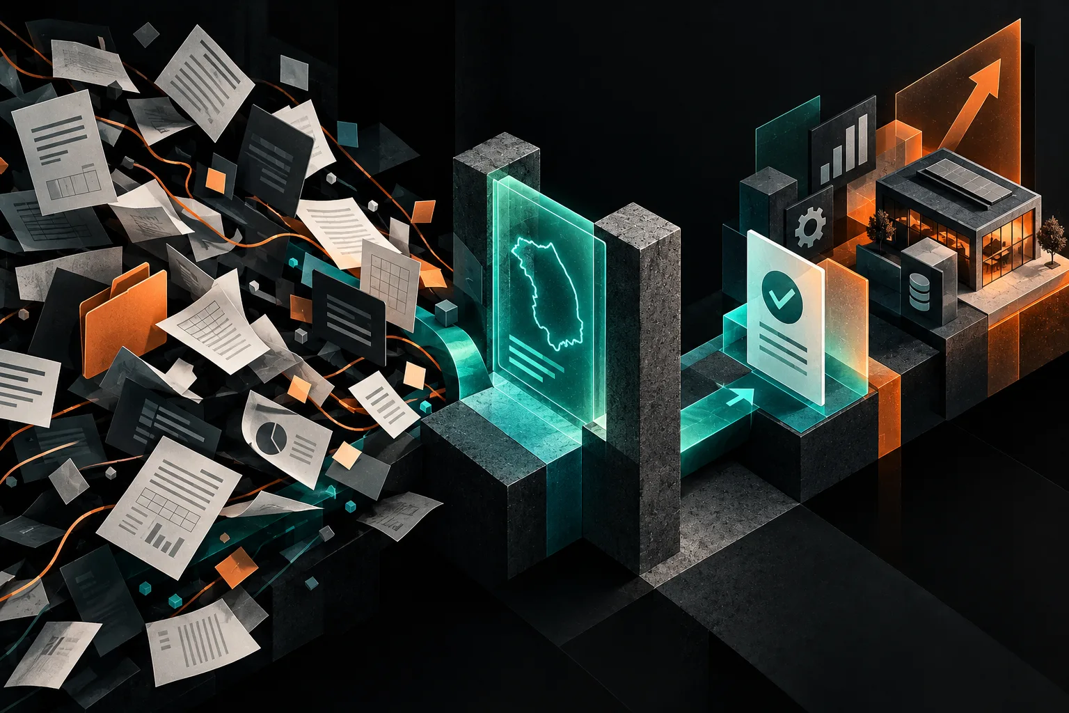 Illustrazione editoriale con timeline di domande e approvazione voucher, colori teal e arancione su sfondo scuro