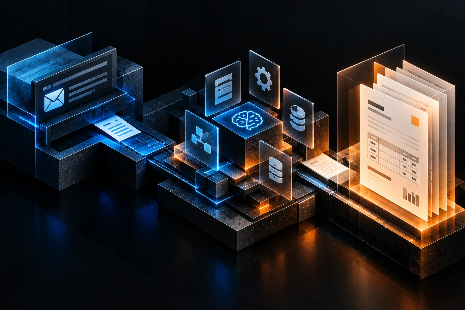 Illustrazione che mostra una richiesta email trasformata in un preventivo PDF strutturato con AI, flusso di dati ordinato.