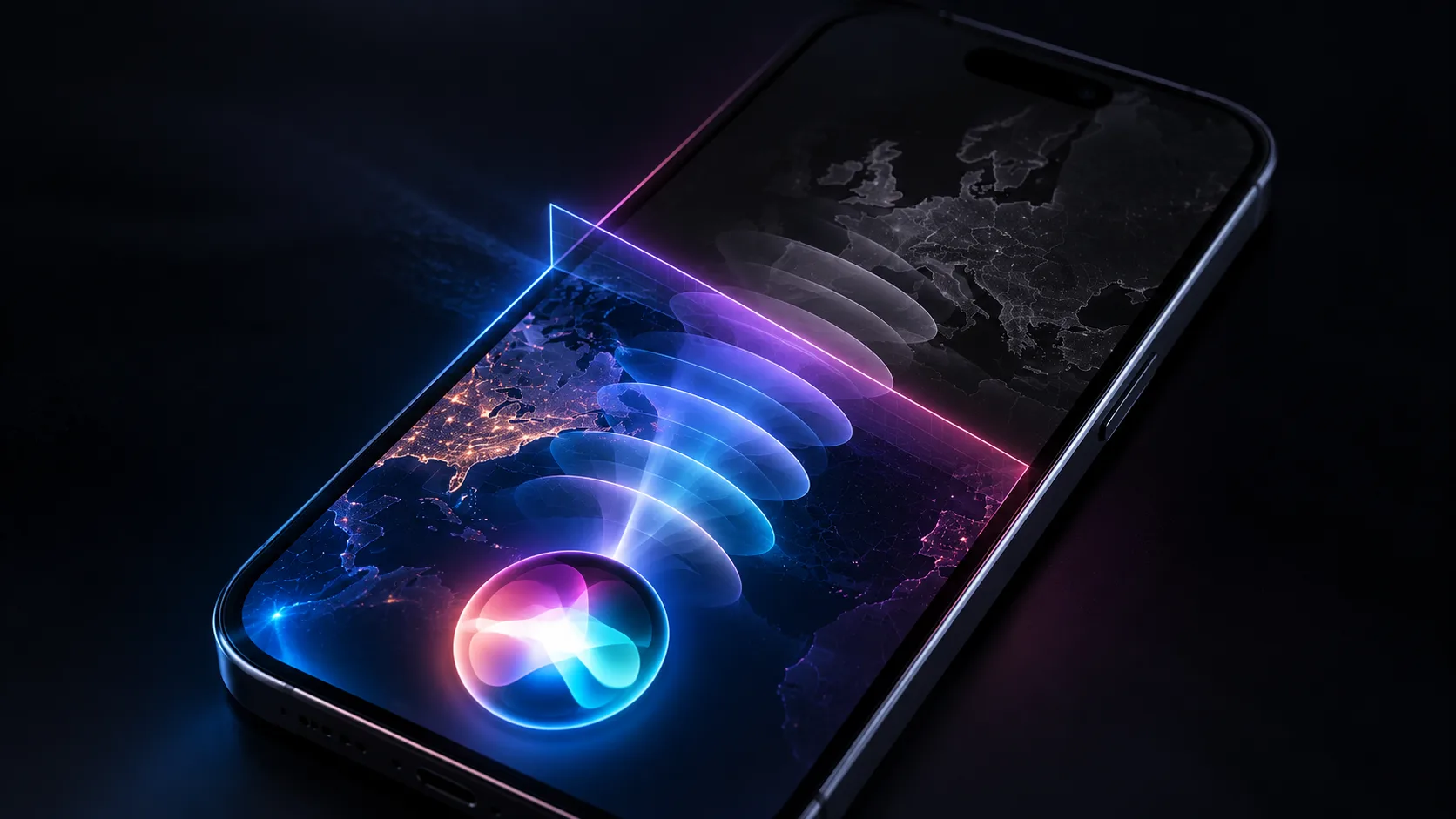 iPhone con onde sonore di attivazione vocale che si affievoliscono a una linea di confine, rappresentando i limiti geografici di Siri AI.