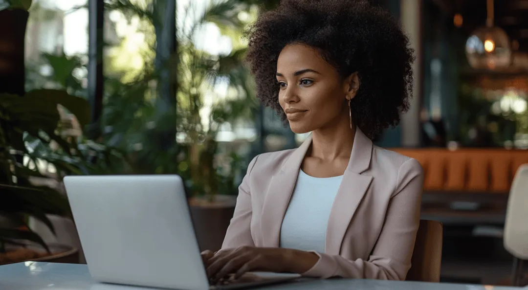 Junge Frau in Business-Outfit arbeitet konzentriert an einem Laptop in einem modernen, begrünten Café oder Co-Working-Space.