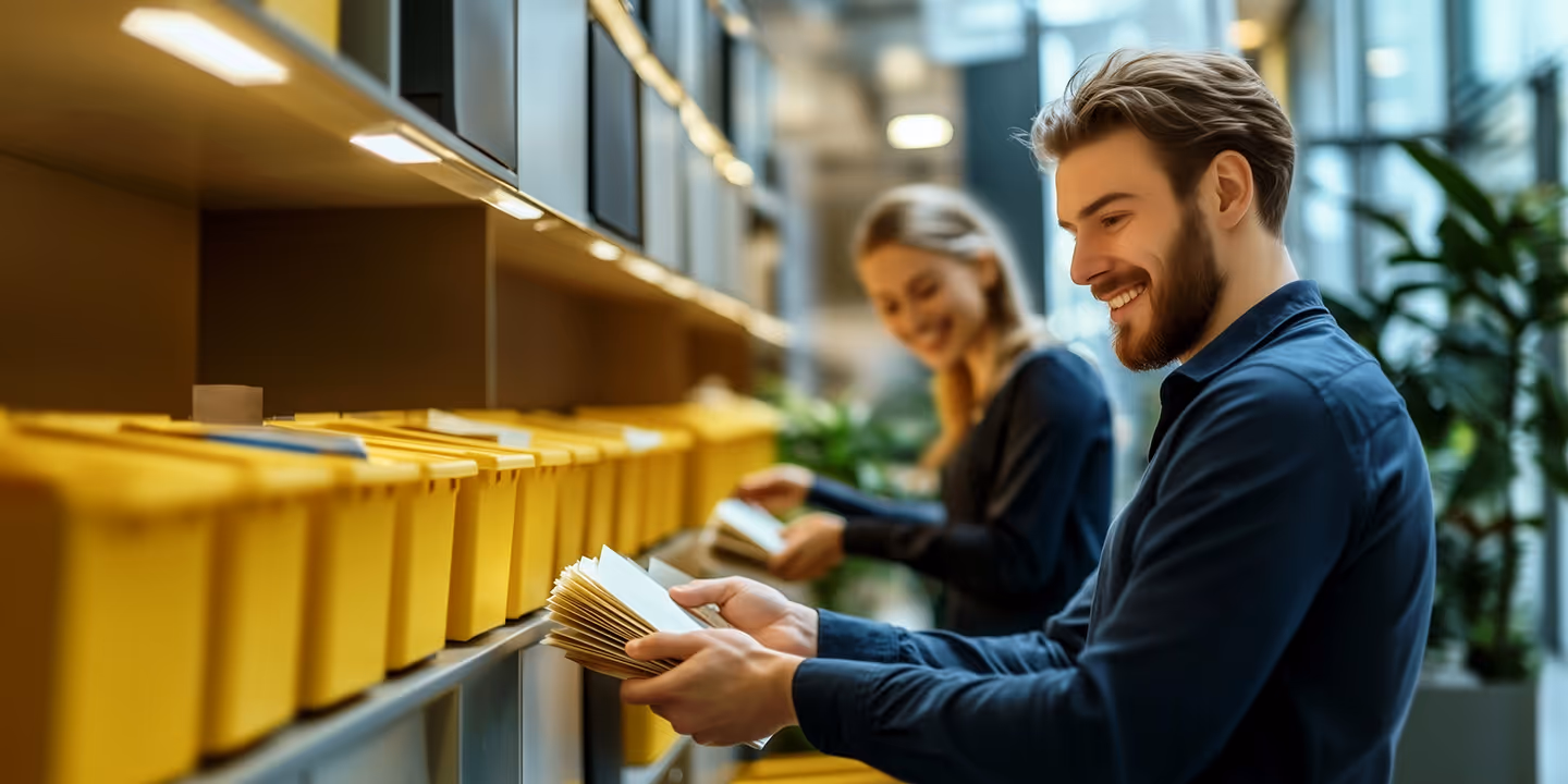 Zwei Mitarbeitende sortieren Briefe in gelbe Behälter in einem modernen, hellen Logistikbüro – Fokus auf strukturierter Postverarbeitung.