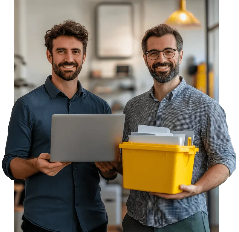 Zwei lächelnde Männer präsentieren ein Zusammenspiel aus digitalem und physischem Postversand – einer hält einen Laptop, der andere eine gelbe Postbox mit Briefen.