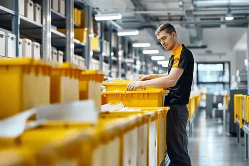Mitarbeiter in Logistikzentrum sortiert Briefe in gelbe Postboxen in einer professionellen, gut organisierten Umgebung.