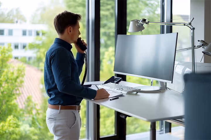 Mitarbeiter telefoniert an einem modernen Stehschreibtisch vor großem Bildschirm und macht sich Notizen – professionelle Kundensupport-Situation im Büro.