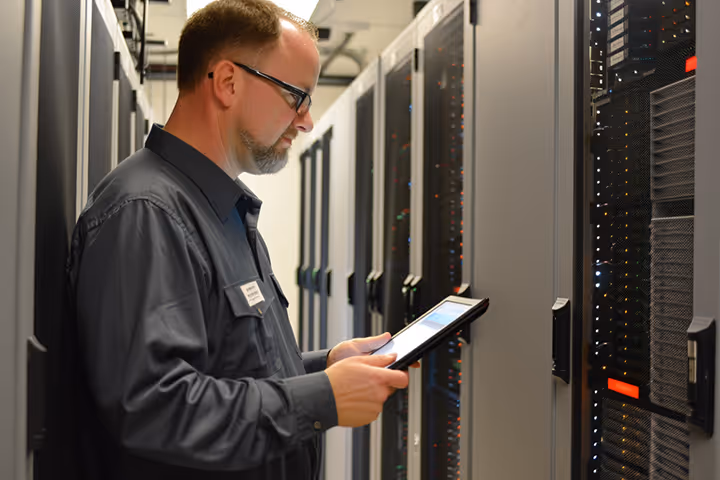 IT-Techniker überprüft Serveranlagen in einem modernen Rechenzentrum mit einem Tablet – Fokus auf Datensicherheit und Systemkontrolle.