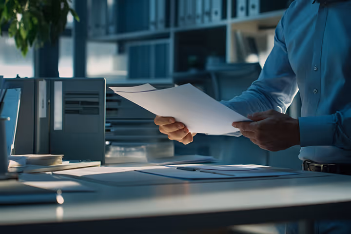 Mitarbeiter in Businesskleidung prüft vertrauliche Dokumente an einem Schreibtisch in einem professionellen Büro – symbolisiert datenschutzkonforme und sichere Dokumentenverarbeitung.