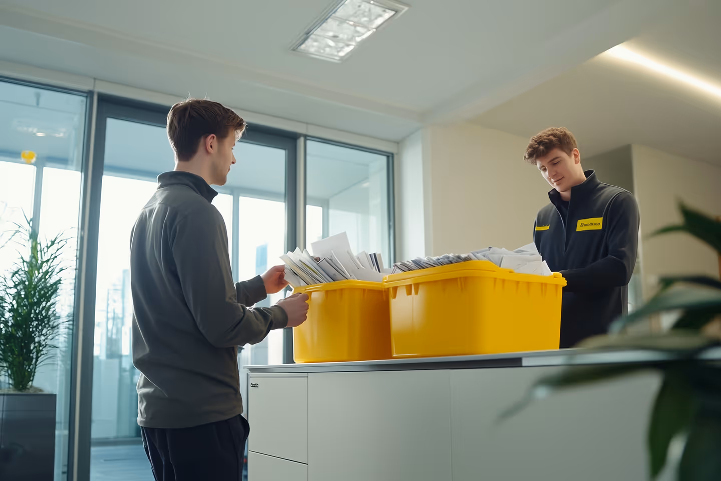 Zwei Mitarbeiter in Postcon-Logistikbekleidung sortieren große Mengen an Briefen in gelbe Versandboxen in einem modernen Büro – symbolisiert die Abholung und Bündelung von Geschäftspost.