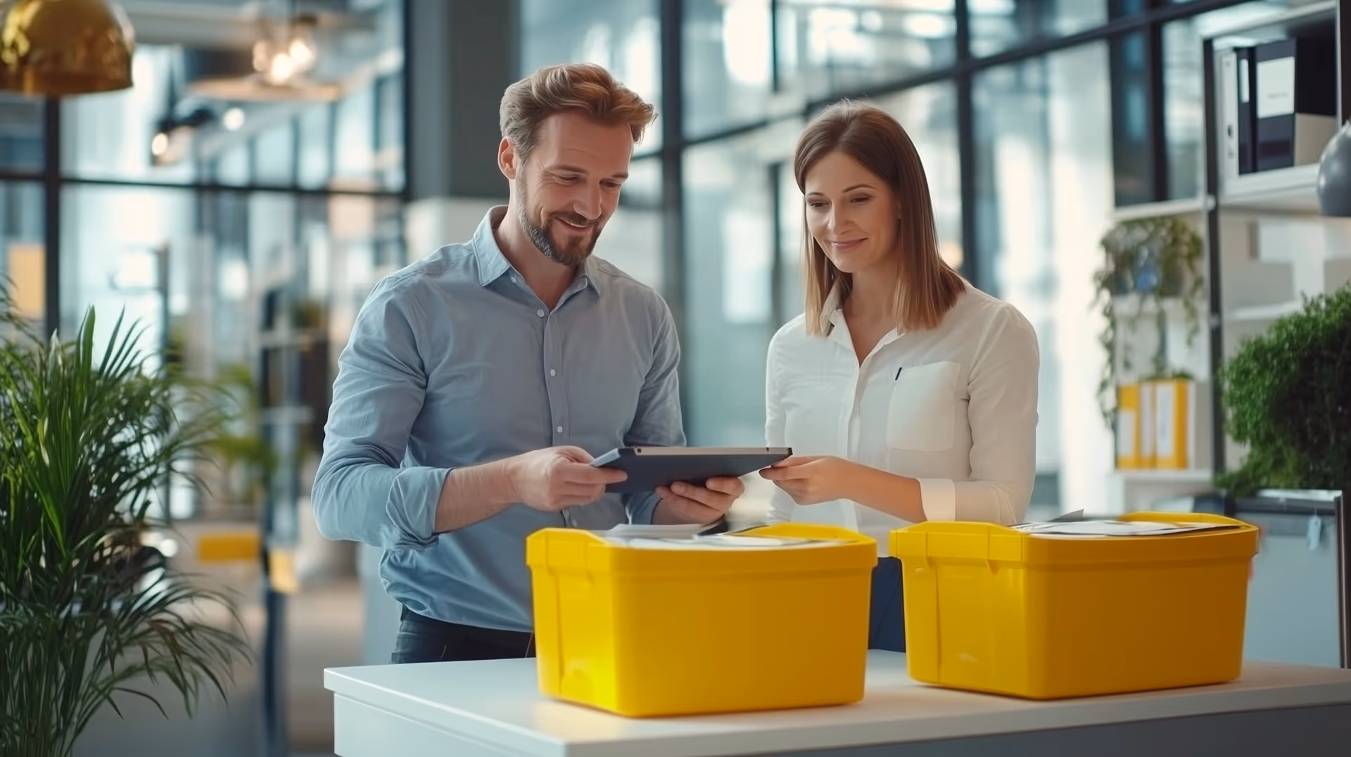 Zwei Mitarbeitende in moderner Büroumgebung prüfen gemeinsam mit einem Tablet die versandfertigen Briefe in gelben Postboxen – symbolisiert die Vorteile der Postkonsolidierung durch digitale Prozesse.