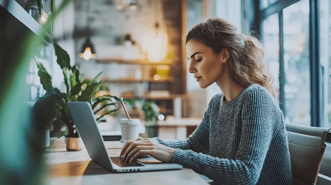 Frau arbeitet an einem Laptop in heller Umgebung mit Pflanzen – digitale Versandprozesse bequem vom Schreibtisch aus erledigen.