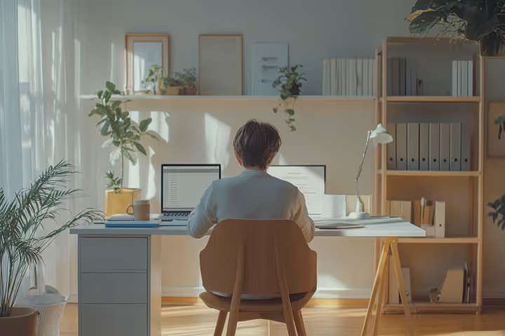 Person arbeitet in einem hellen Homeoffice an zwei Bildschirmen mit Dokumenten und E-Mail-Programm – digitale Abwicklung von Post zur Porto-Ersparnis.