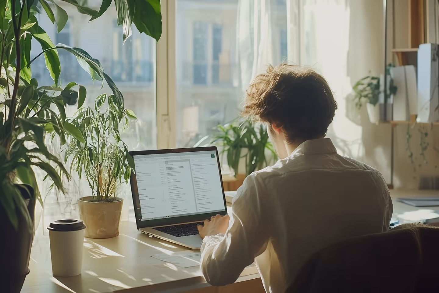 Person sitzt an einem sonnigen Schreibtisch mit Laptop und verschickt digitale Dokumente per E-Mail – papierlose Bürokommunikation in moderner Umgebung mit vielen Pflanzen.