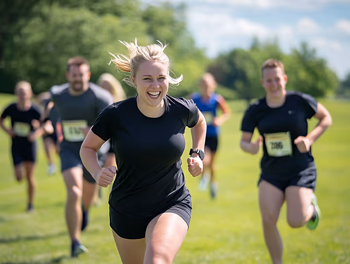 Fröhliche Mitarbeiter:innen nehmen gemeinsam an einem Lauf-Event im Grünen teil – Postcon fördert Gesundheit, Bewegung und Teamzusammenhalt.